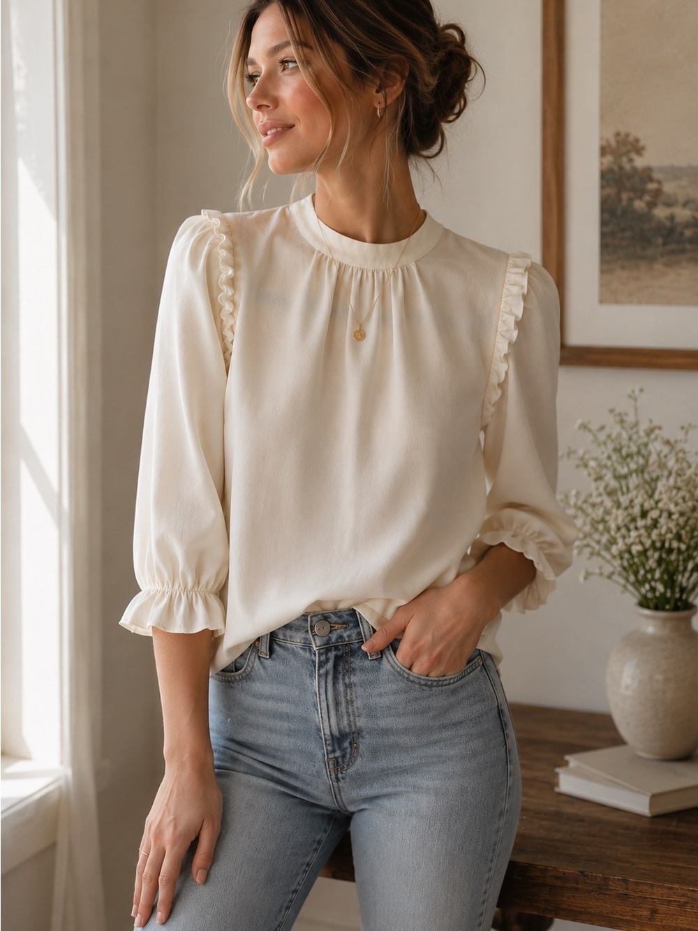 Vera Moda Women's Cream Ruffle Trim Puff Sleeve Blouse